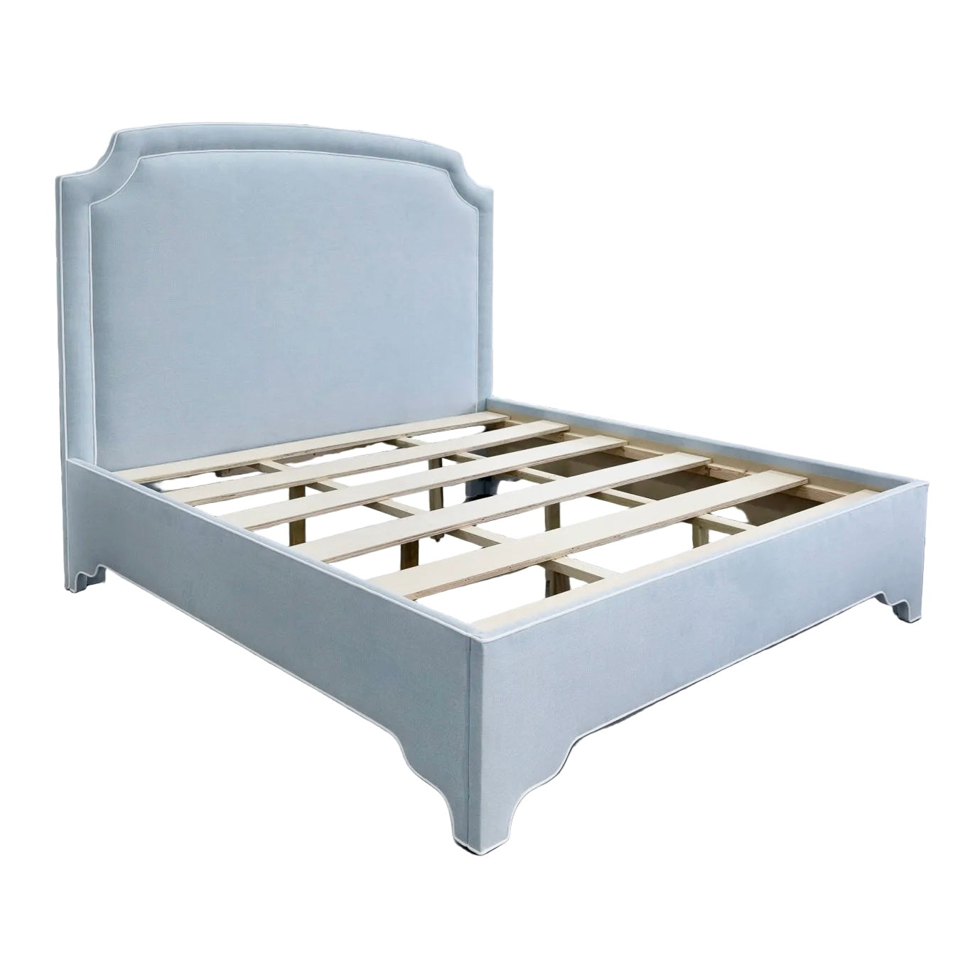 The Aliana King Bed - Scalloped Legs - Sky Blue Woven Fabric with White Trim