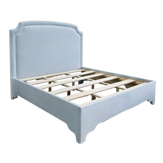 The Aliana King Bed - Scalloped Legs - Sky Blue Woven Fabric with White Trim