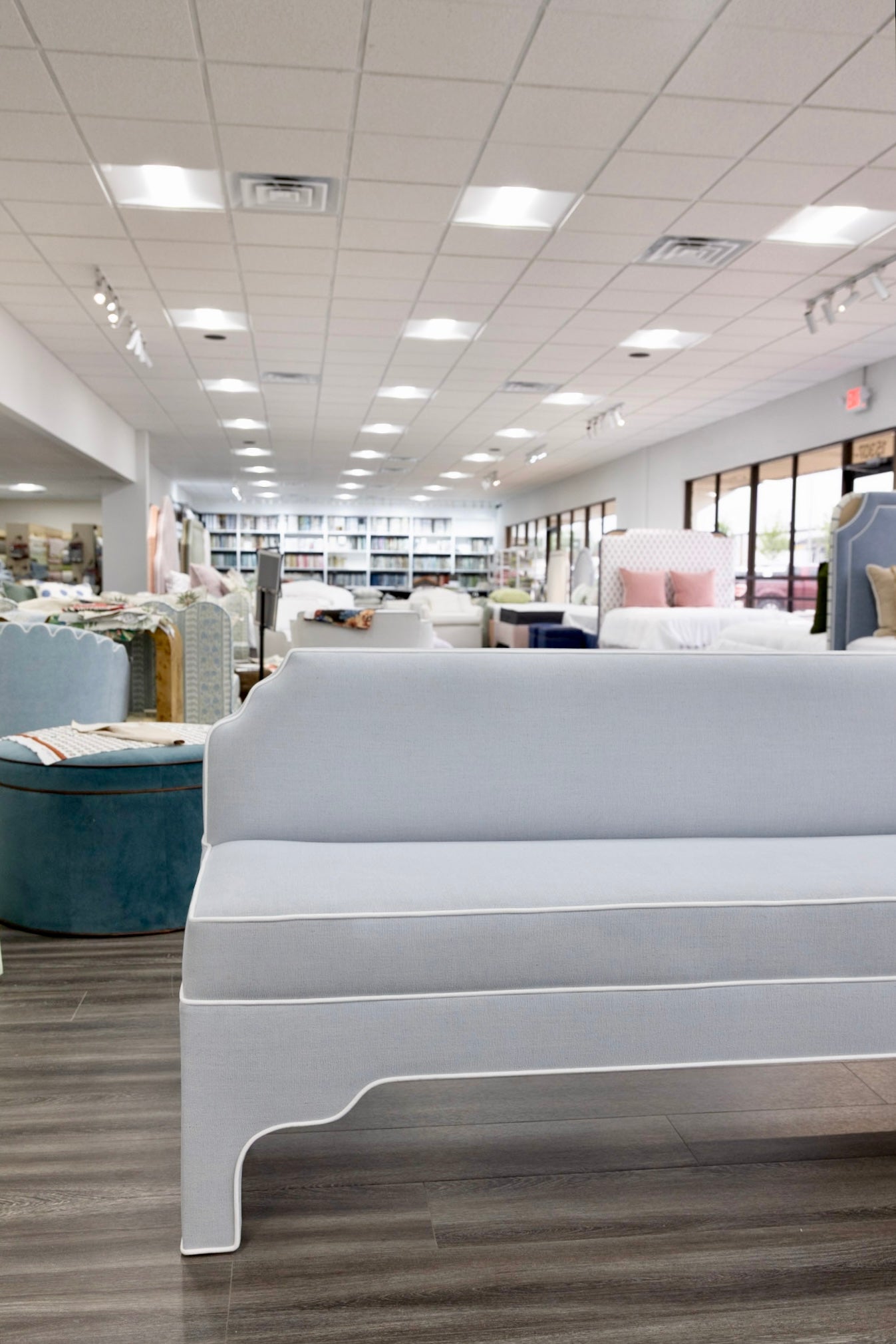 The Helena Banquette – Light Blue Crypton Fabric, White Piping