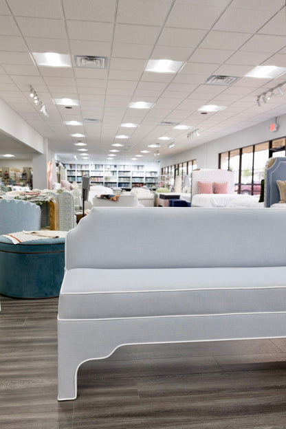The Helena Banquette – Light Blue Crypton Fabric, White Piping