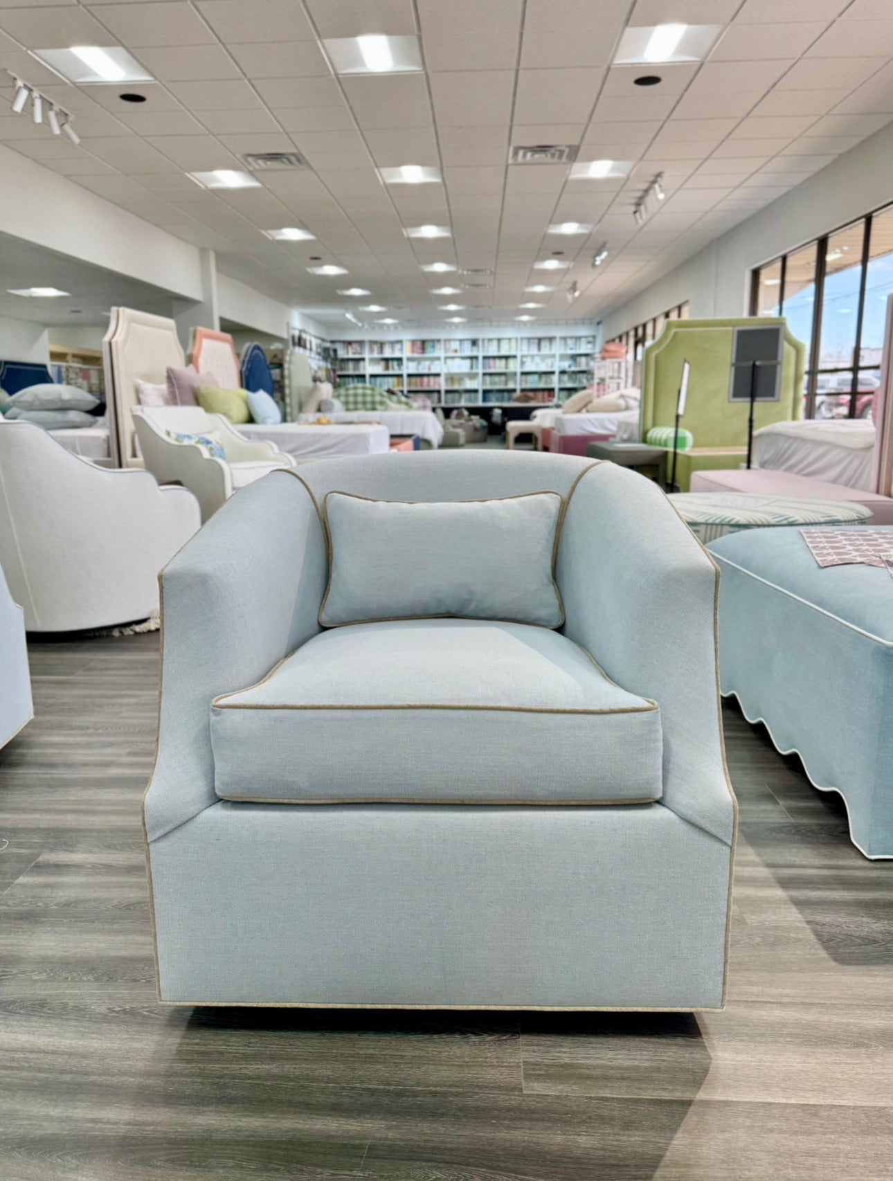 Custom Swivel Chair -  Performance Crypton Fabric in Light Blue - Mushroom Trim