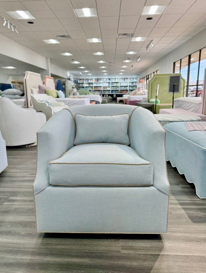Custom Swivel Chair -  Performance Crypton Fabric in Light Blue - Mushroom Trim