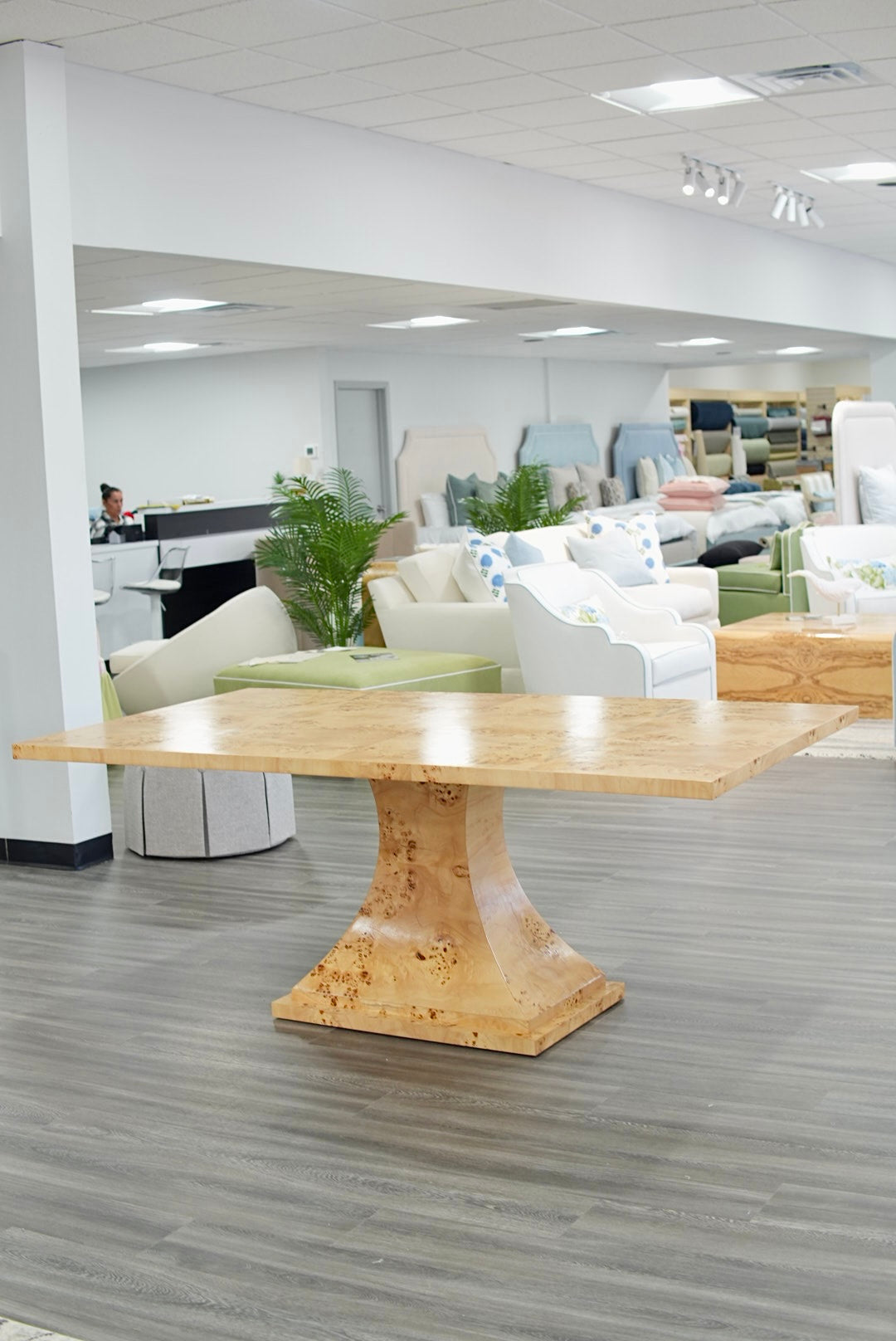 Custom Mappa Burlwood Dining Table – Amber Finish