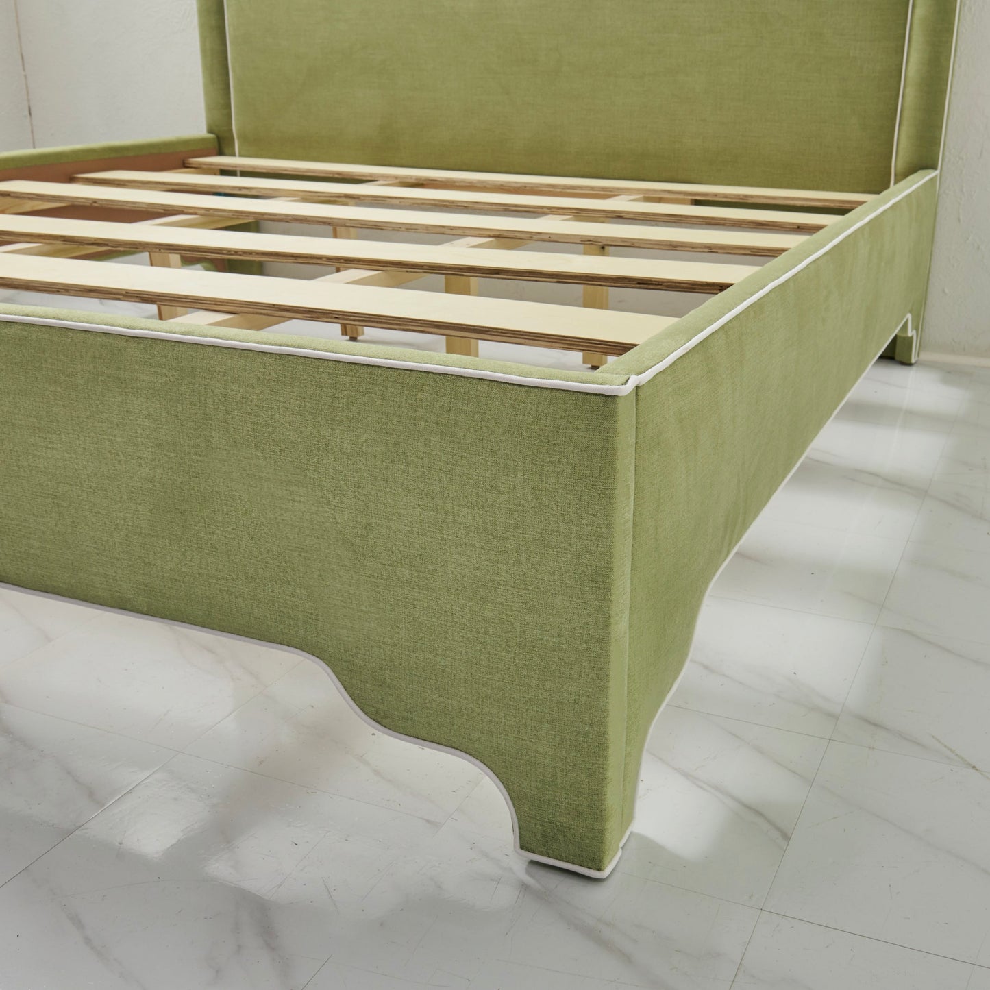 65" H Queen Upholstered Platform Bed - Scalloped Legs - Pistachio Green Woven Fabric with White Trim