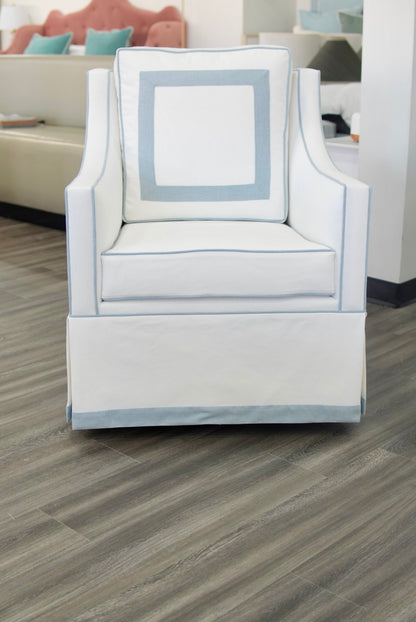 Custom Swivel Glider Chair – White Linen with Sky Blue Trim