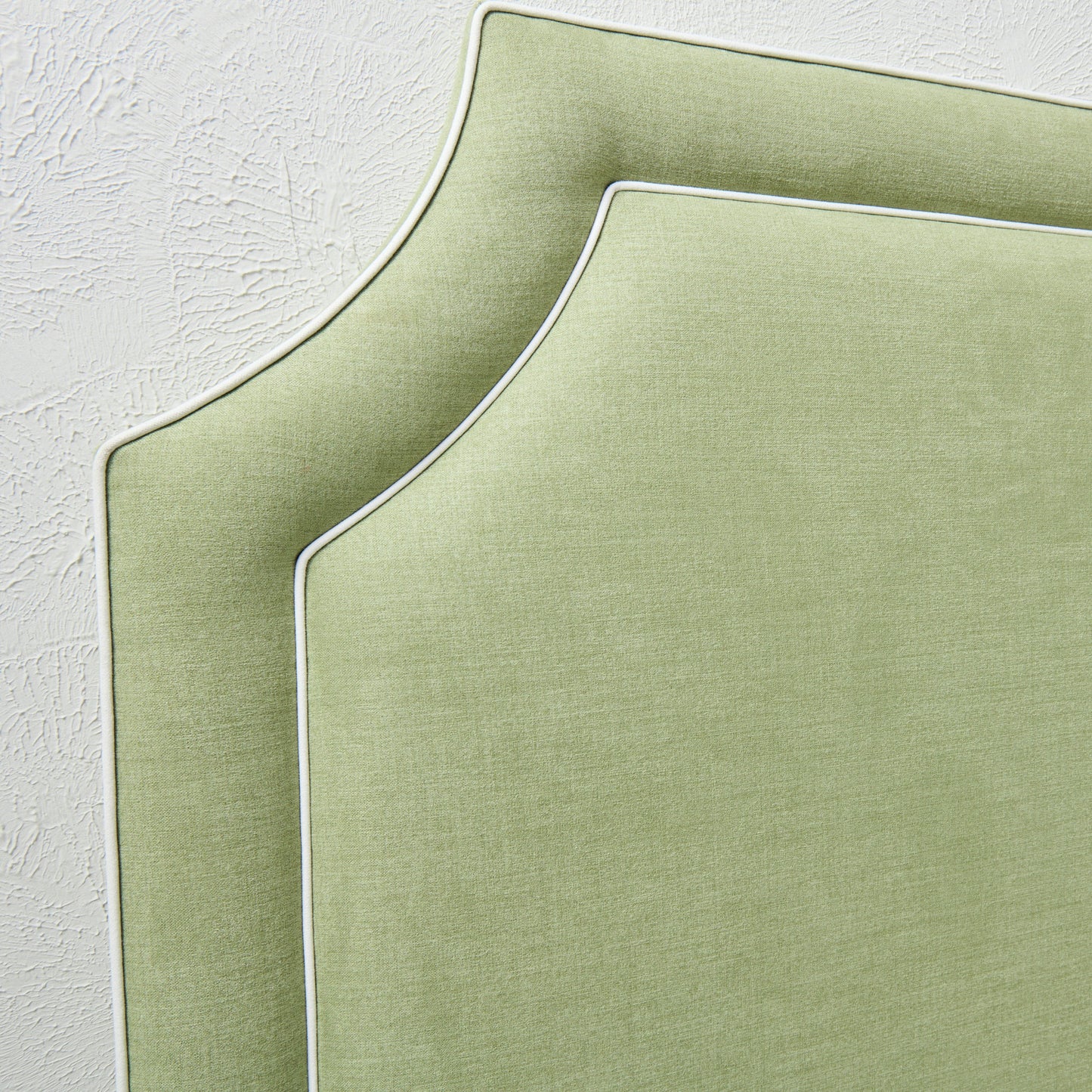 65" H Queen Upholstered Platform Bed - Scalloped Legs - Pistachio Green Woven Fabric with White Trim