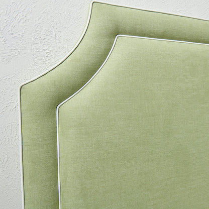 65" H Queen Upholstered Platform Bed - Scalloped Legs - Pistachio Green Woven Fabric with White Trim