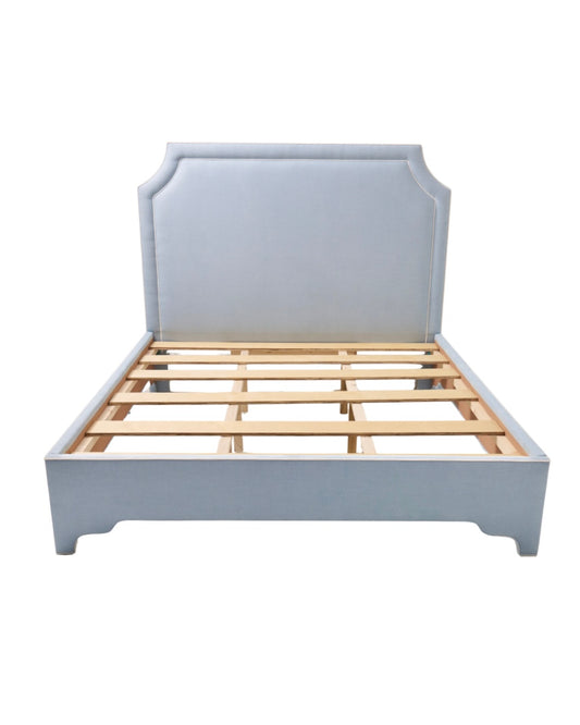 65" H King Platform Bed - Scalloped Legs - Sky Blue Woven Fabric with White Trim