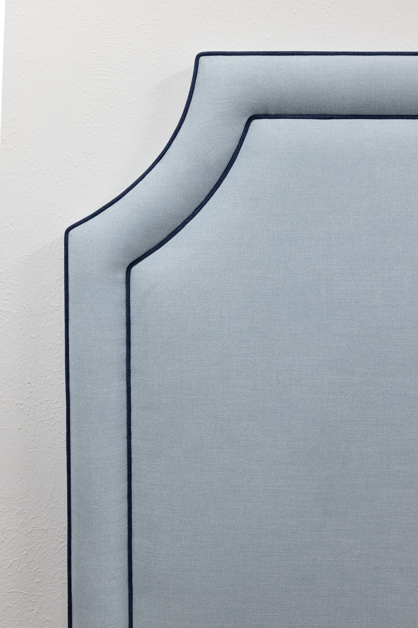 The Addison Queen Headboard - Sky Blue Fabric - Navy Trim