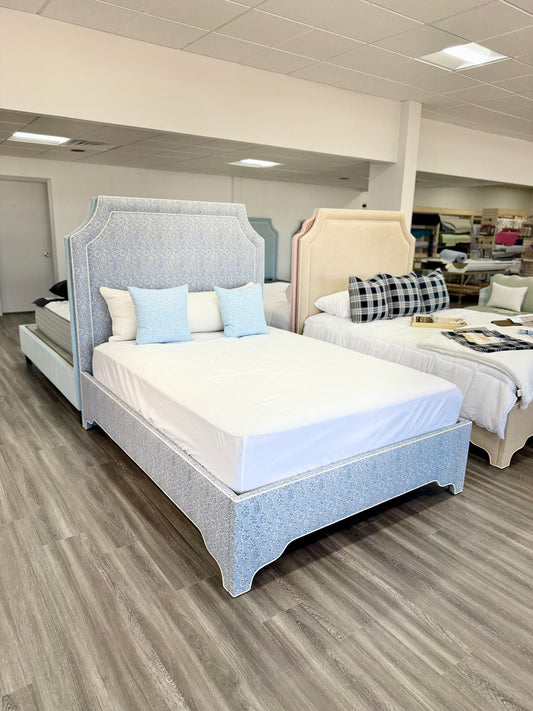 65”H Queen Platform Upholstered Bed - Perry Blue Polyester Fabric with White Trim