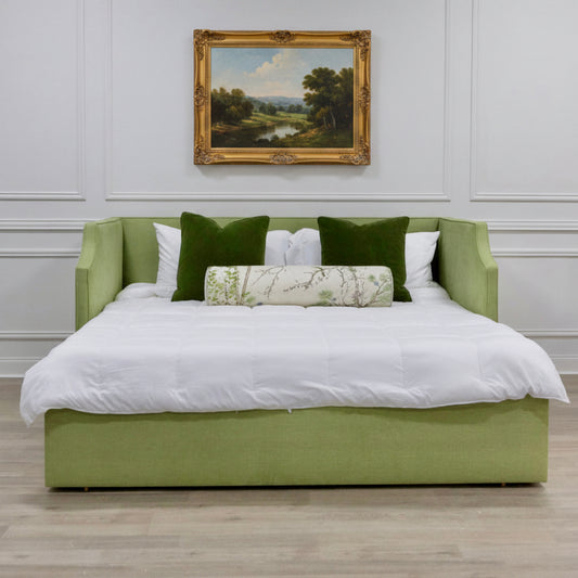 The Addison Twin to King Trundle Daybed - Pistachio Green Woven Fabric - White Trim