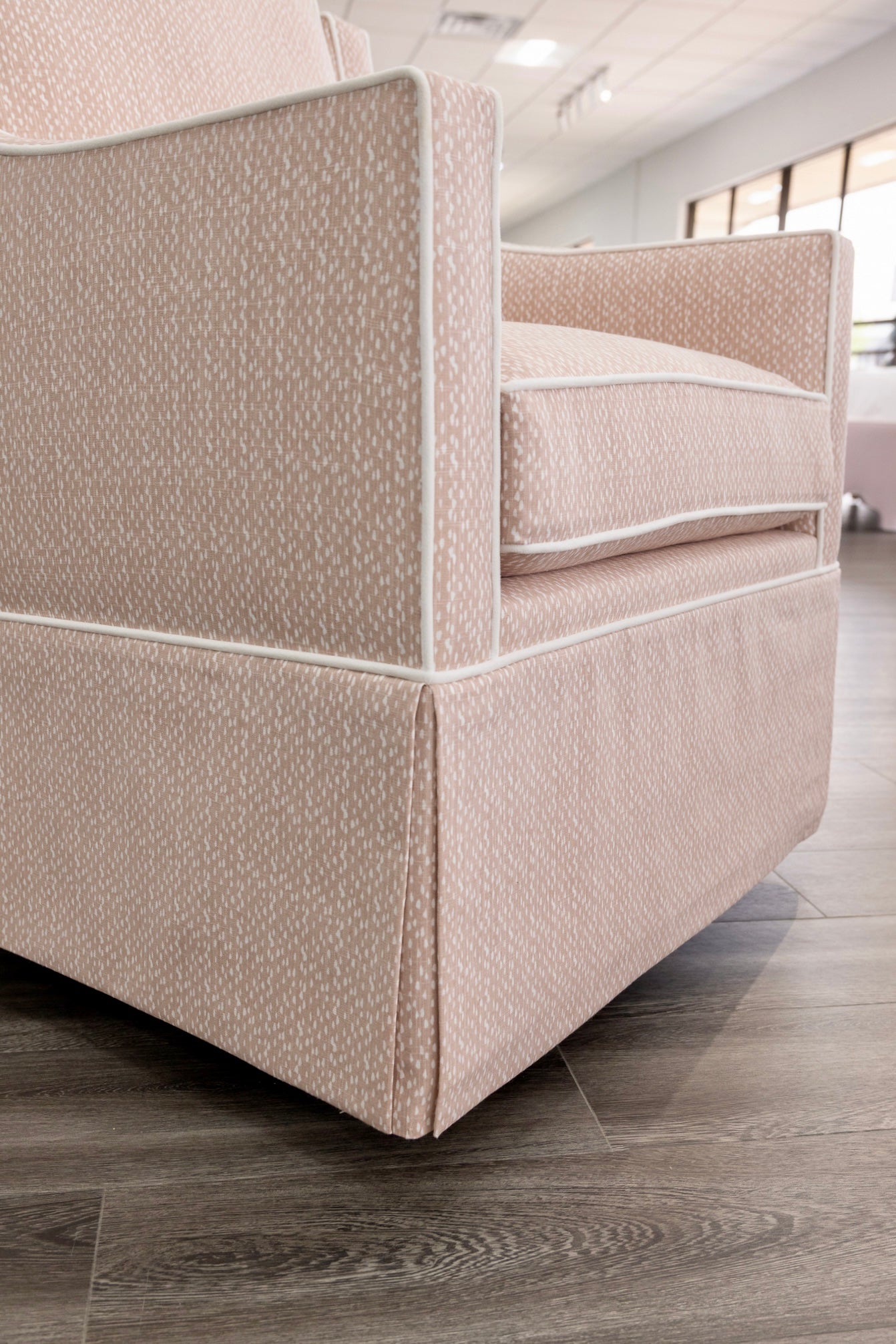 Custom Swivel Glider Chair – Pink Dotted Fabric with White Trim