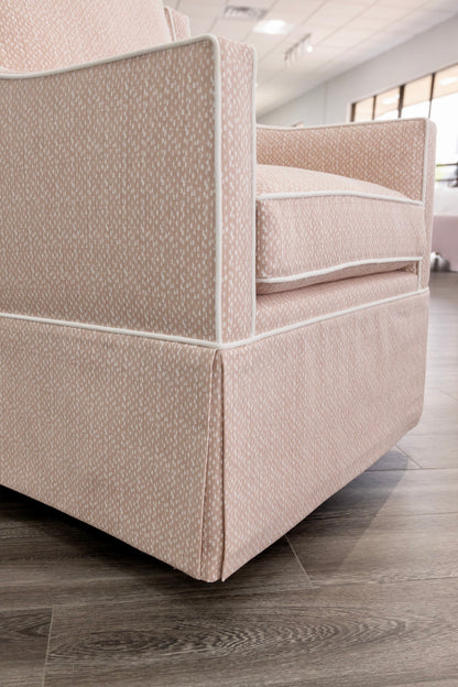 Custom Swivel Glider Chair – Pink Dotted Fabric with White Trim