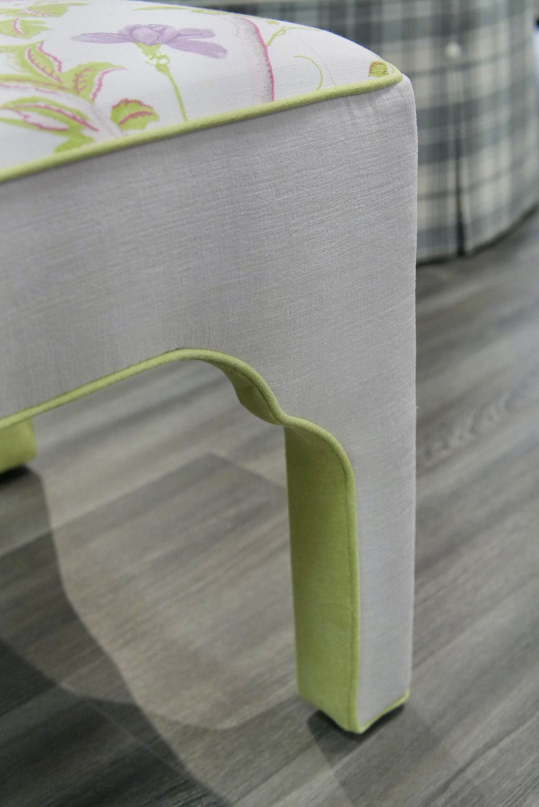 Custom Upholstered Bench in Floral Fabric - Pear Green Trim