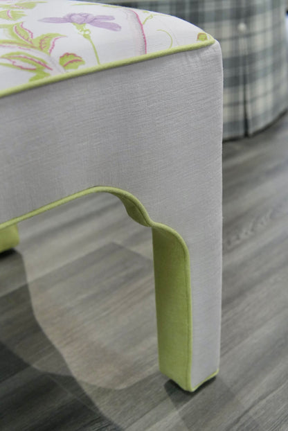 Custom Upholstered Bench in Floral Fabric - Pear Green Trim