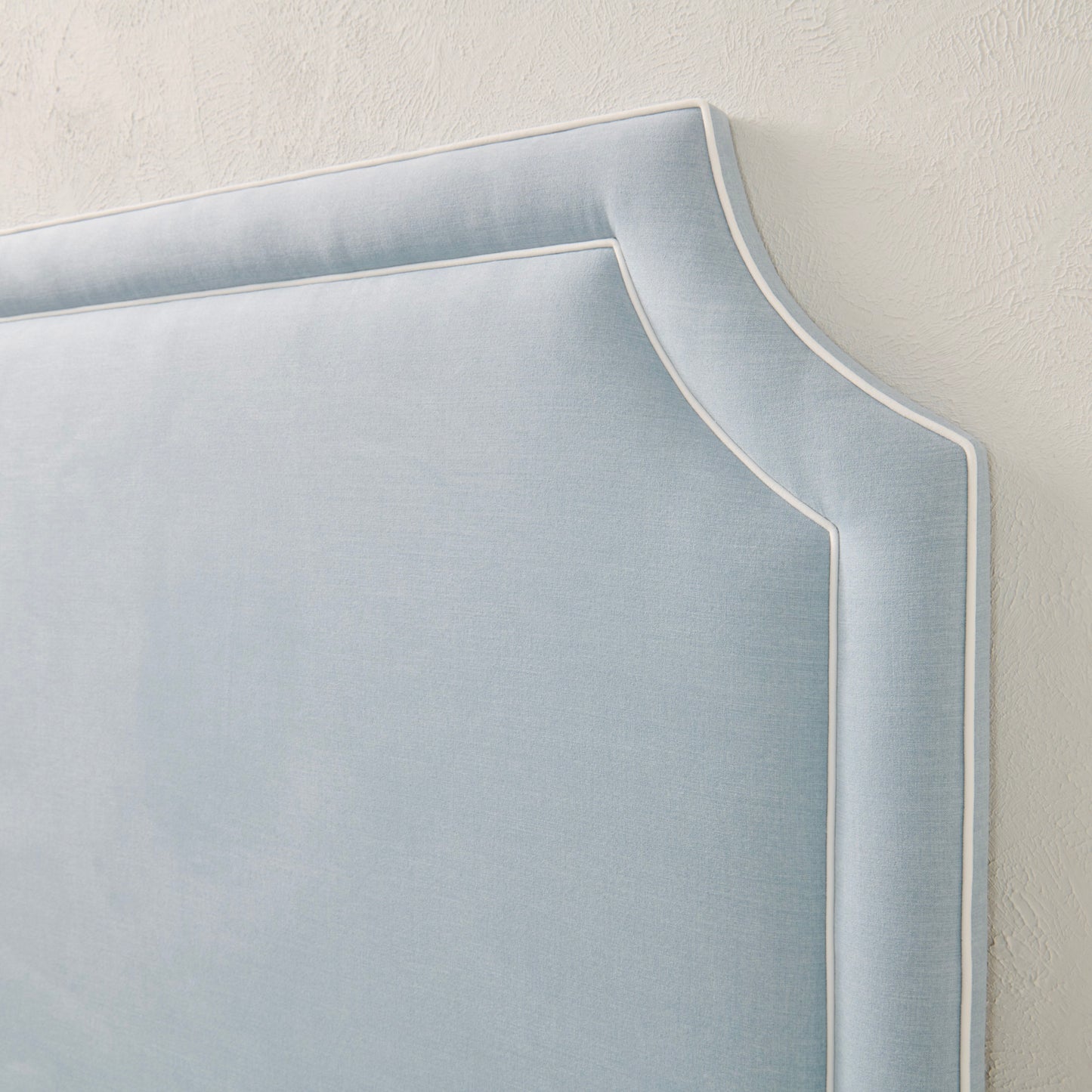 The Addison Queen Bed - Scalloped Legs - Sky Blue Woven Fabric - White Trim