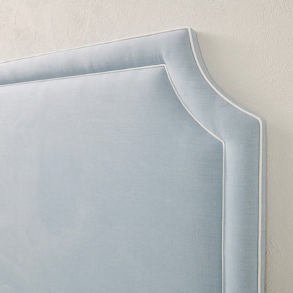 The Addison Queen Bed - Scalloped Legs - Sky Blue Woven Fabric - White Trim