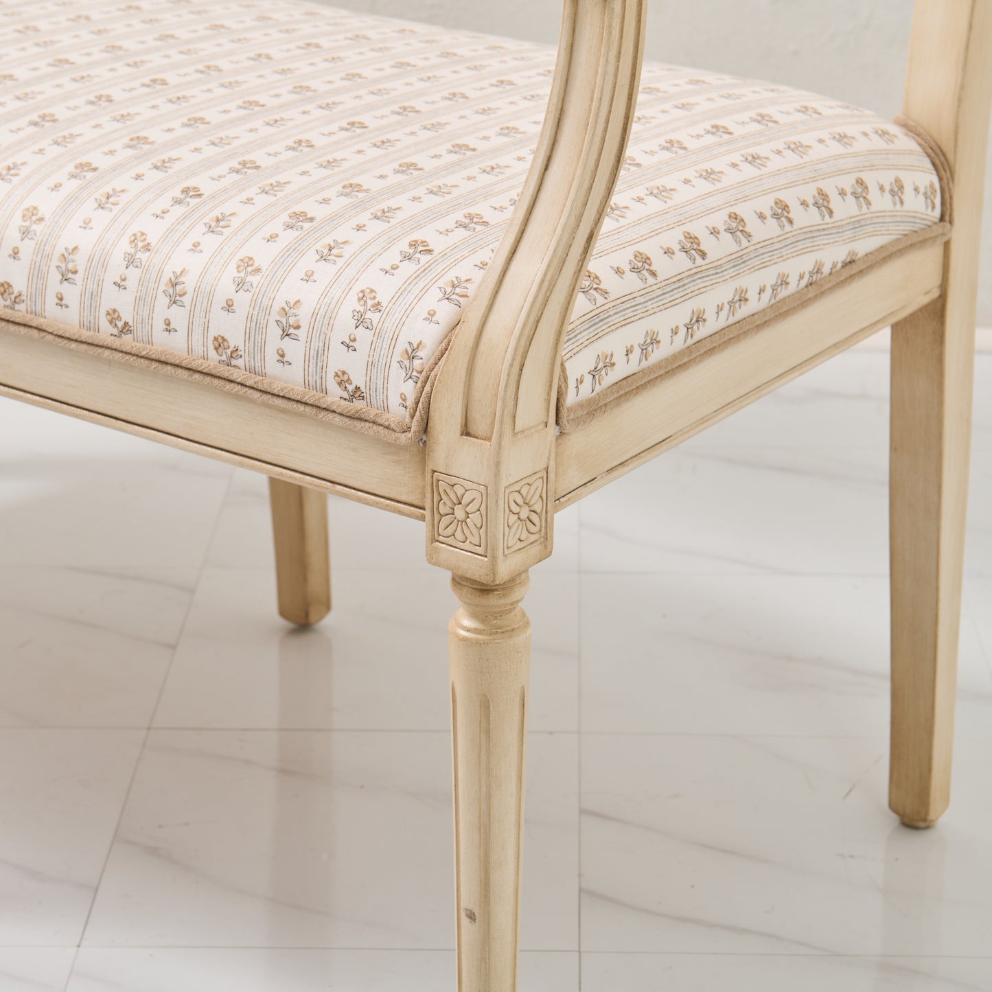 Italian Carved Upholstered Bench in Schumacher Fabric