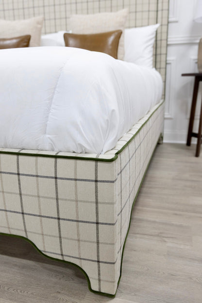 The Lorraine King Bed - Scalloped Legs - Performance Cream Plaid Fabric - Green Trim