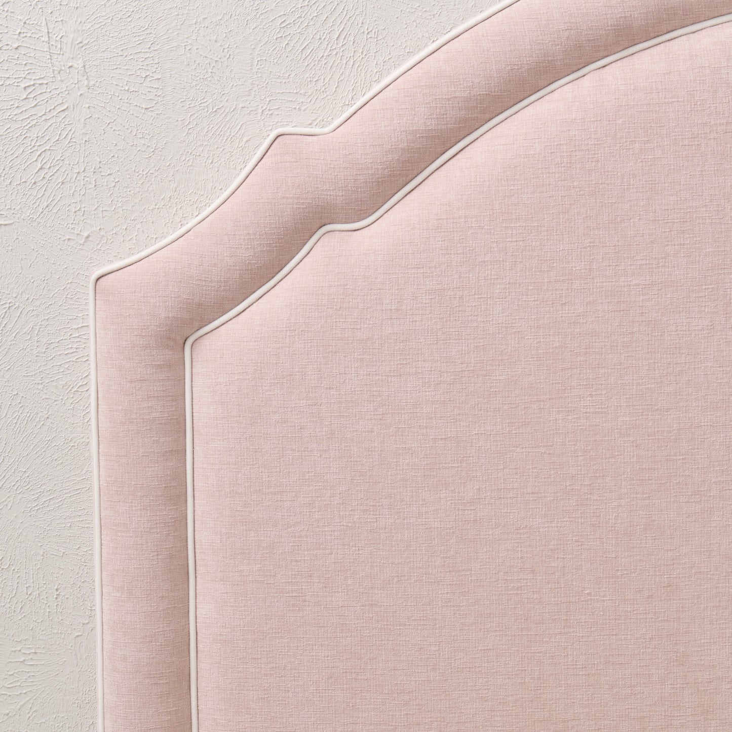 60" H Queen Upholstered Platform Bed - Pale Pink Chenille Fabric with White Trim