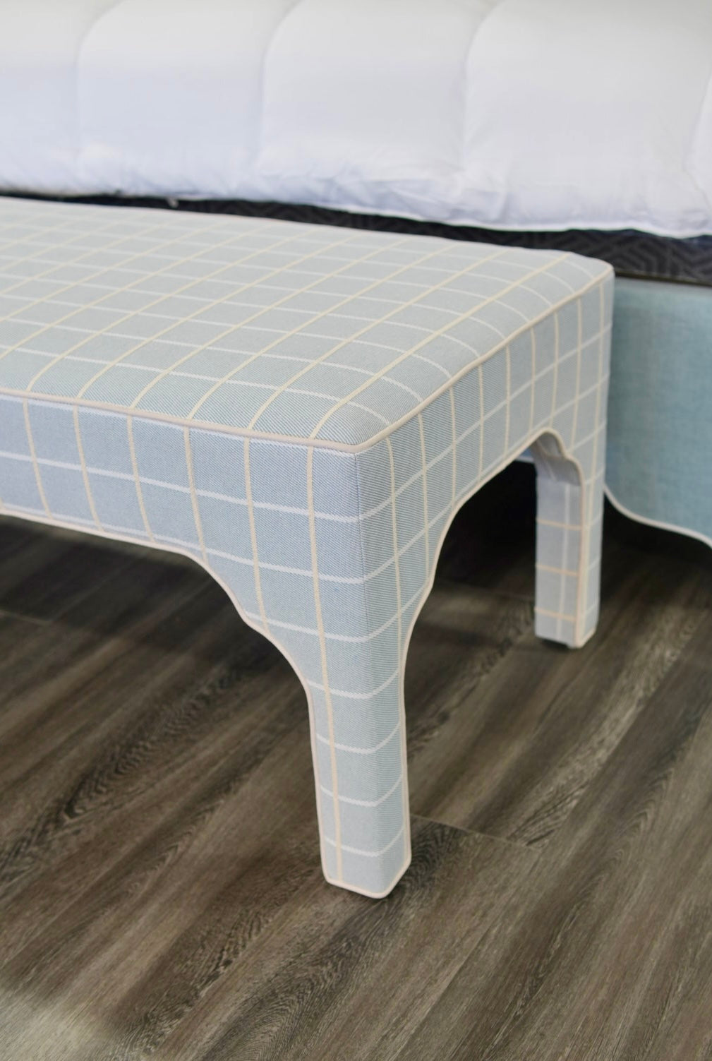 Custom Upholstered Bench in Blue Check Fabric