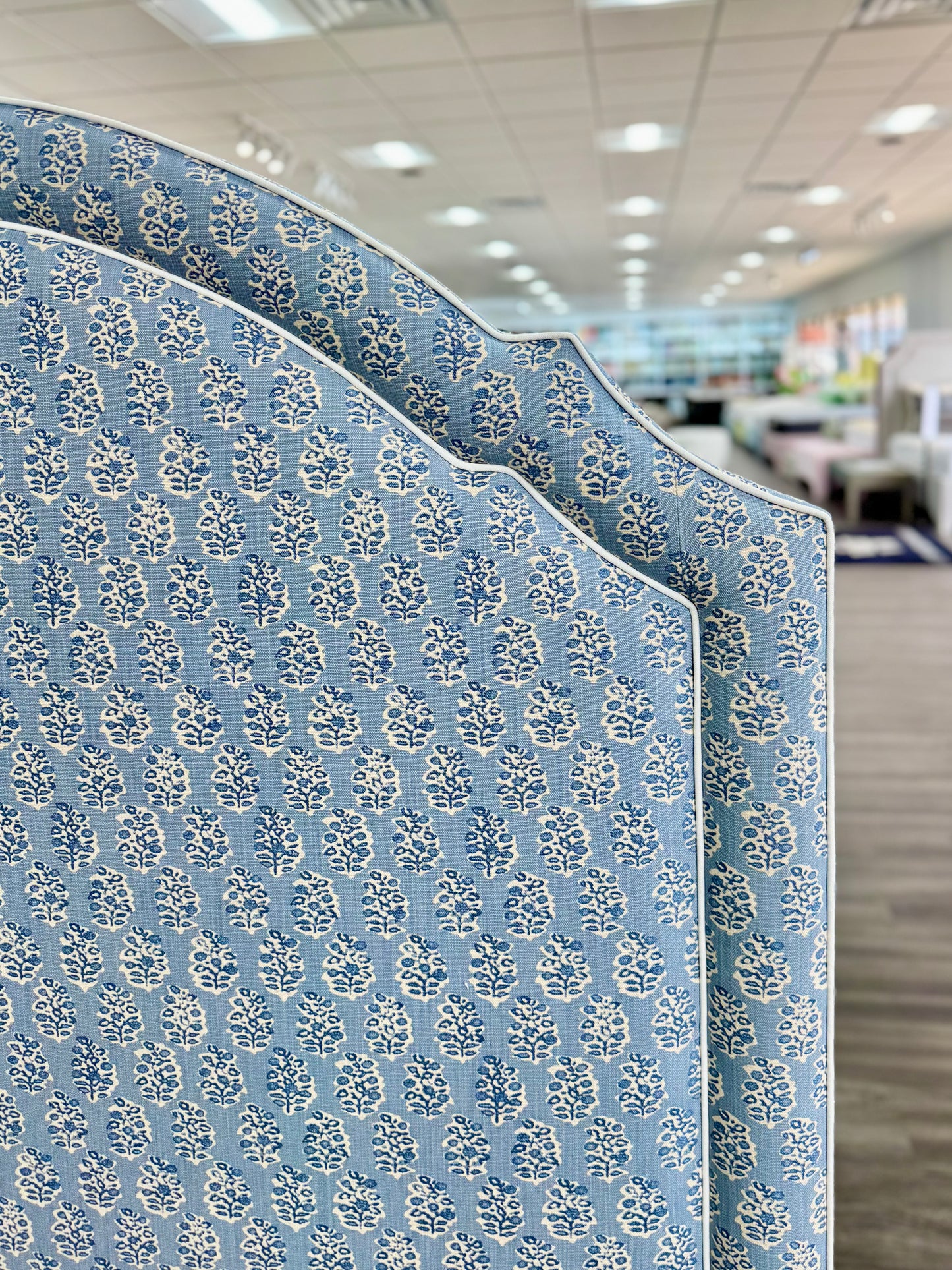 65”H Queen Platform Upholstered Bed - Perry Blue Polyester Fabric with White Trim