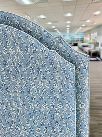 65”H Queen Platform Upholstered Bed - Perry Blue Polyester Fabric with White Trim