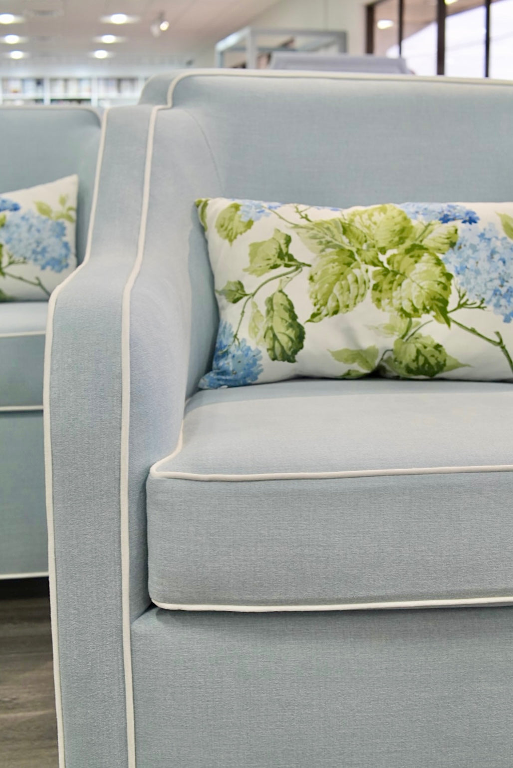 Custom Scalloped Swivel Chair: Sky Blue woven Fabric