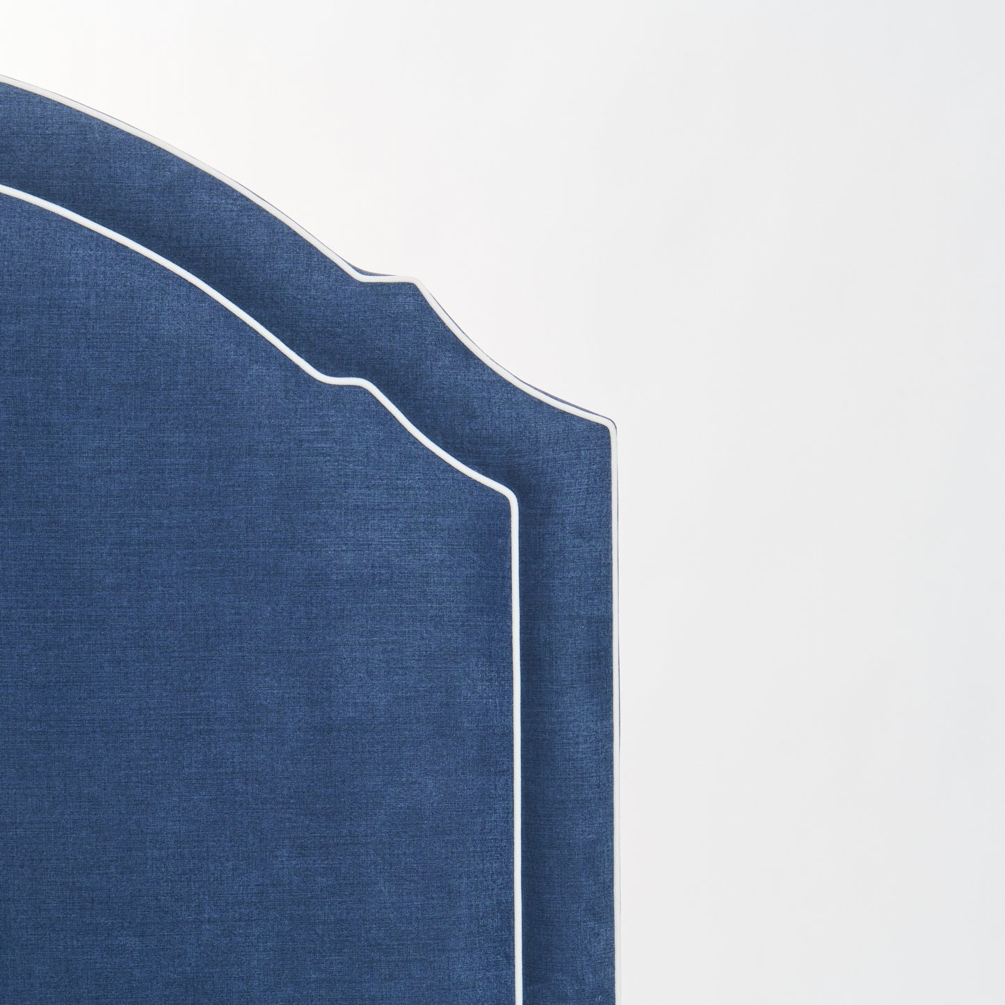 The Grace Queen Bed - Scalloped Legs - Navy Woven Fabric with White Trim