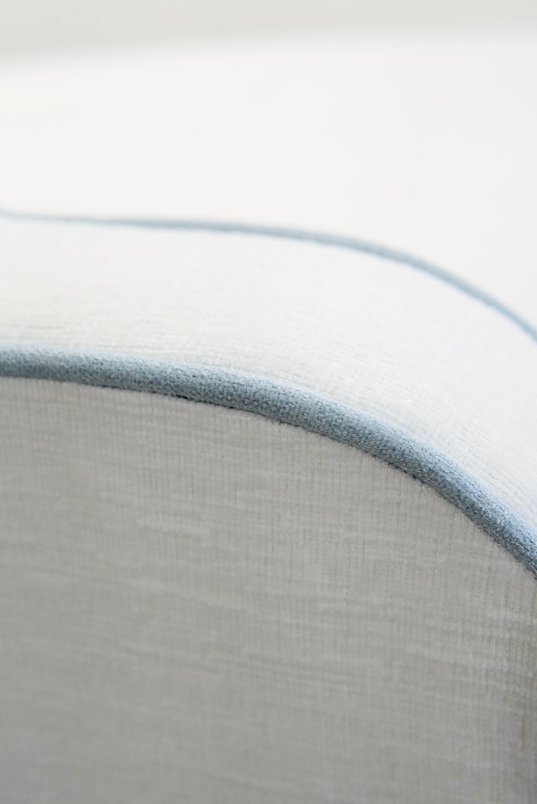 Custom Scalloped Swivel Chair: White Performance Fabric - Sky Blue Trim