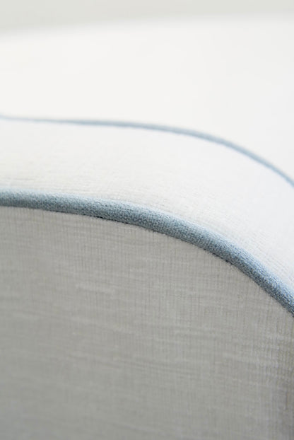Custom Scalloped Swivel Chair: White Performance Fabric - Sky Blue Trim