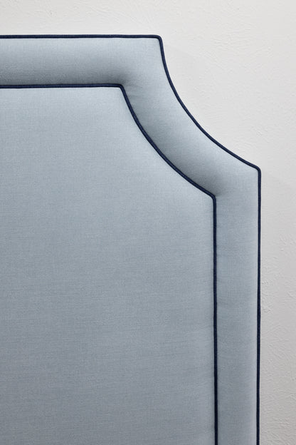 The Addison Queen Headboard - Sky Blue Fabric - Navy Trim