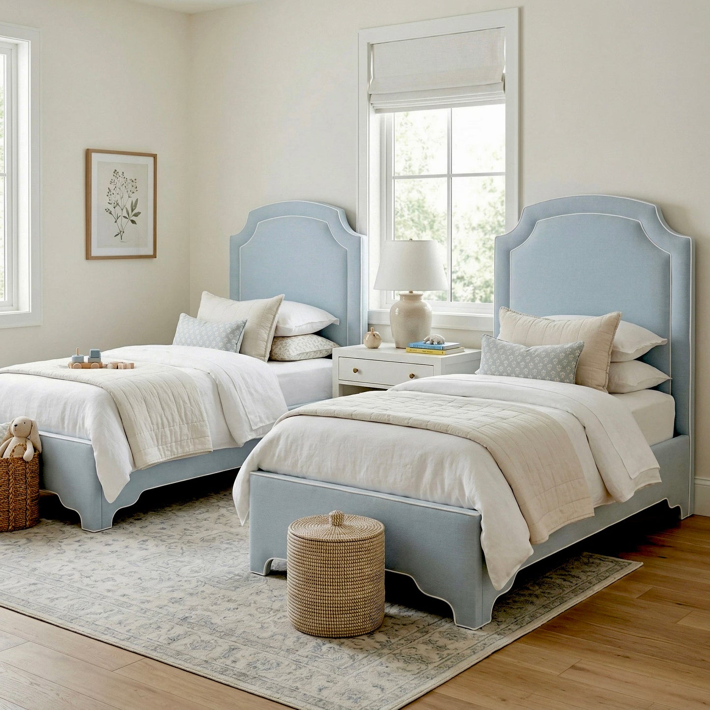 The Aliana Twin Platform Bed in Sky Blue Woven Fabric - White Trim