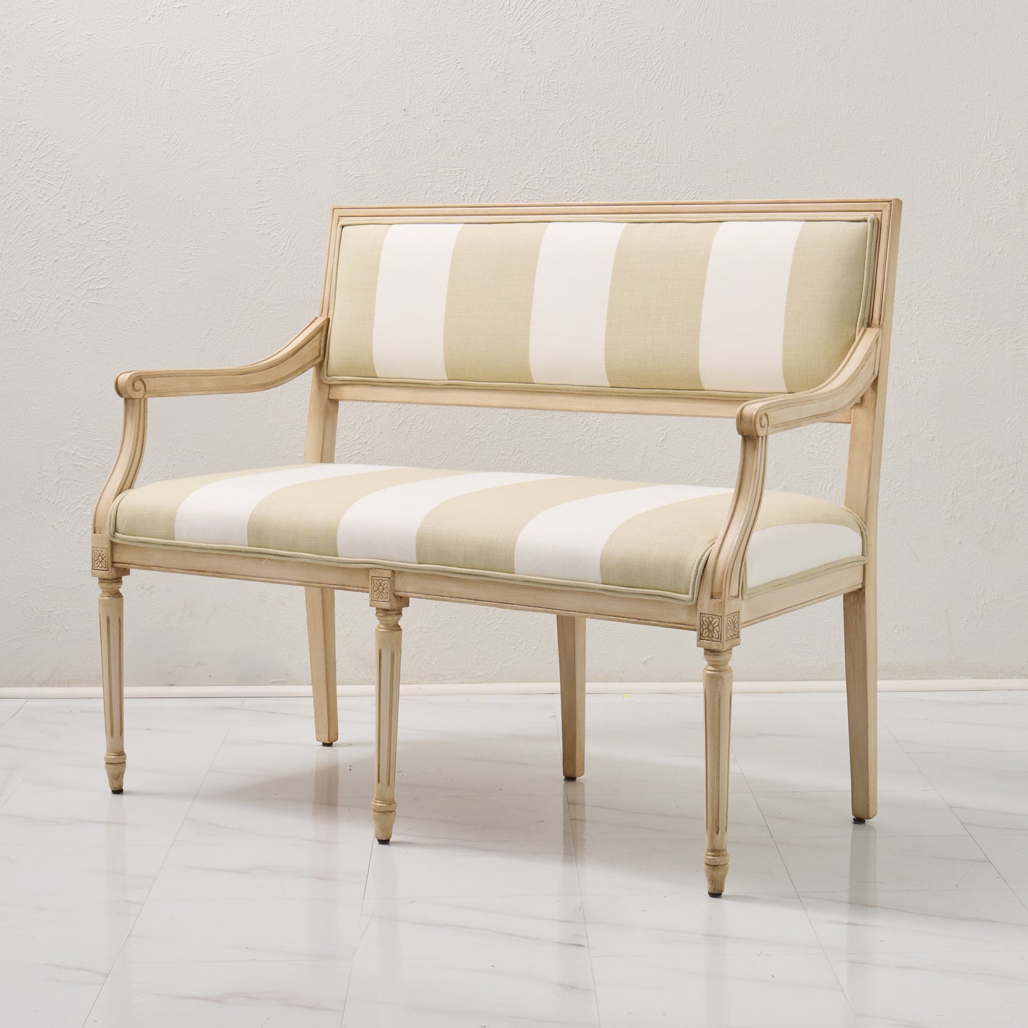 Italian Carved Upholstered Bench in Schumacher Fabric
