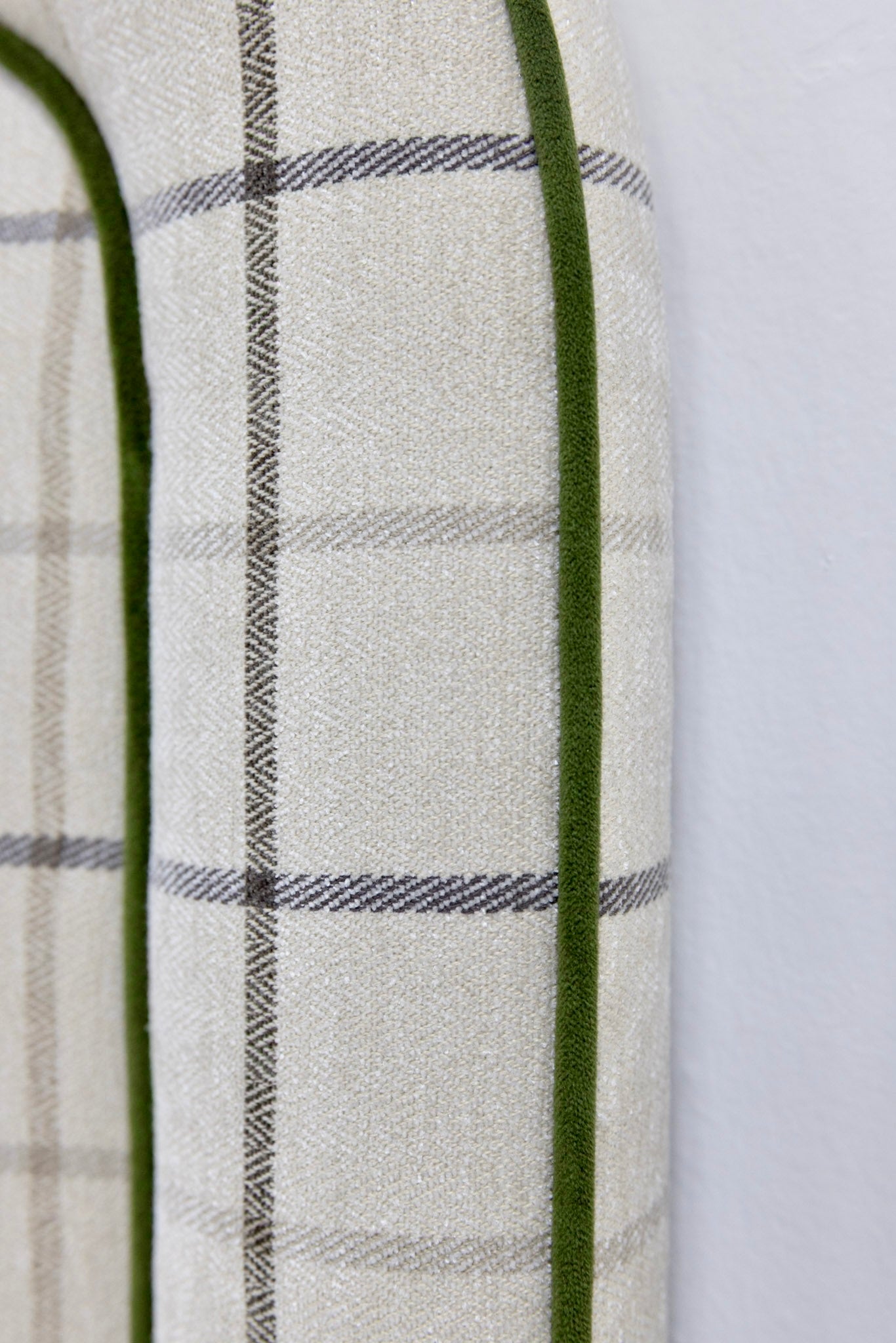 The Lorraine King Bed - Scalloped Legs - Performance Cream Plaid Fabric - Green Trim