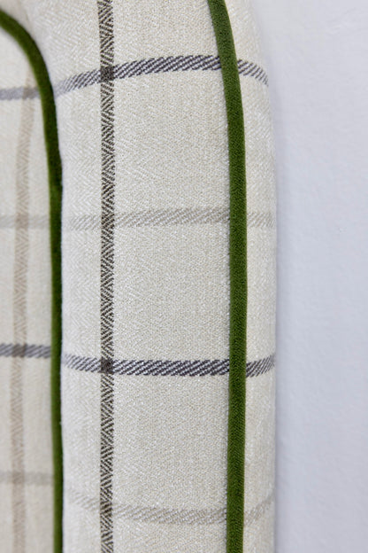 The Lorraine King Bed - Scalloped Legs - Performance Cream Plaid Fabric - Green Trim