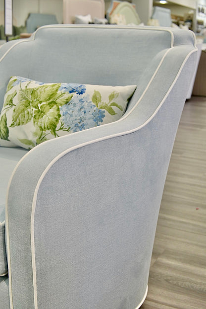 Custom Scalloped Swivel Chair: Sky Blue woven Fabric