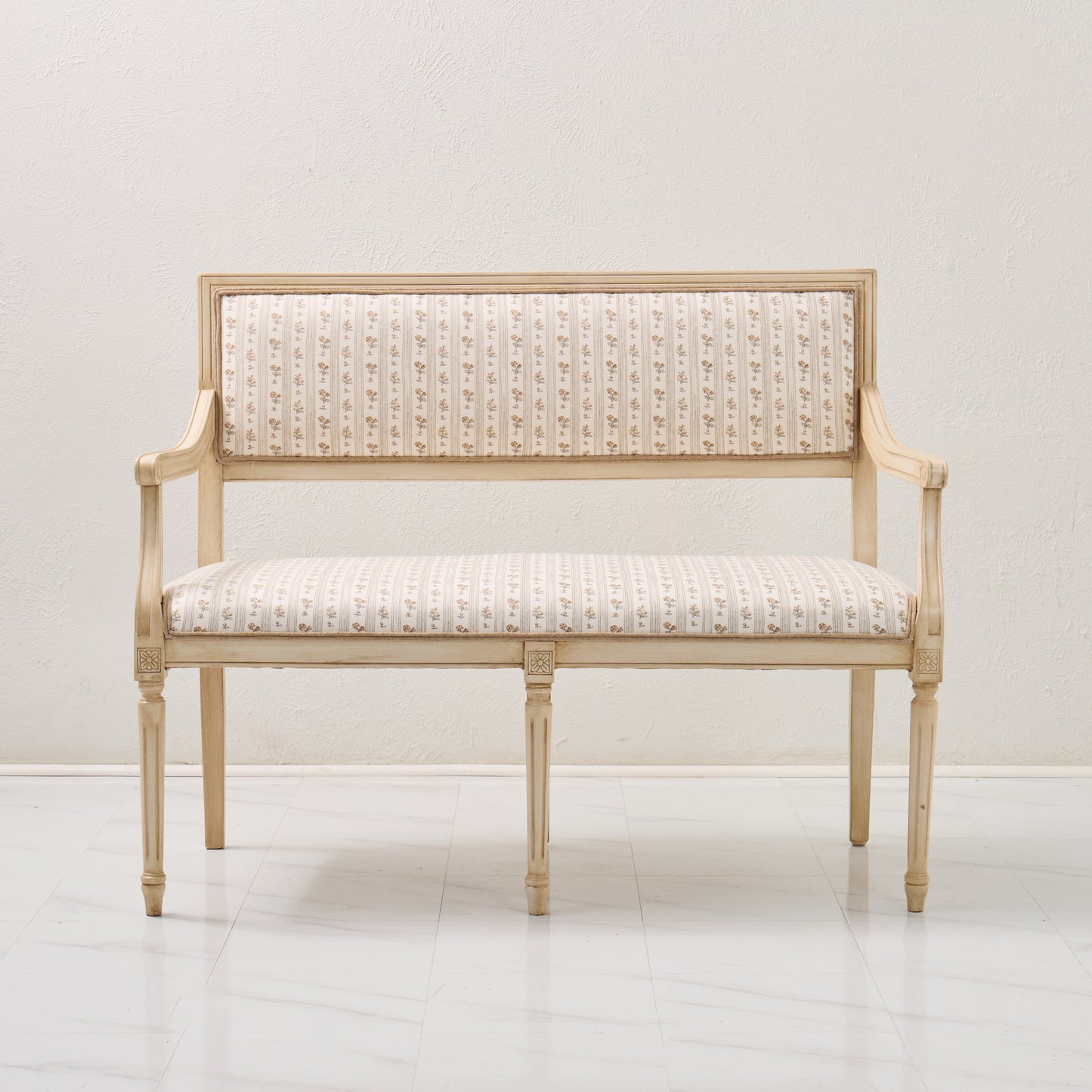 Italian Carved Upholstered Bench in Schumacher Fabric