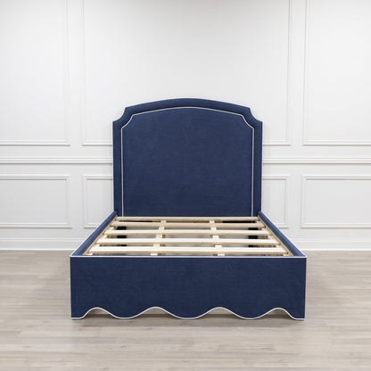 The Aliana Queen Bed - Scalloped Base - Navy Woven Fabric - White Trim