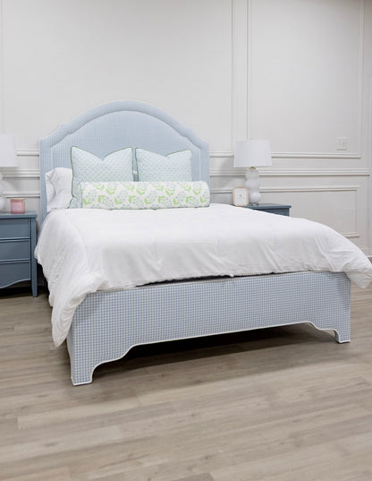 The Grace Queen Bed - Blue Gingham Fabric - White Trim