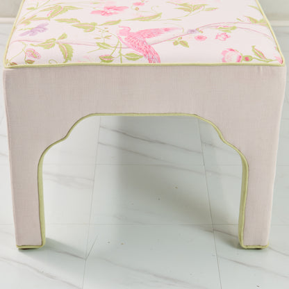 Custom Upholstered Bench in Floral Fabric - Pear Green Trim