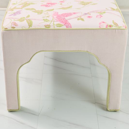 Custom Upholstered Bench in Floral Fabric - Pear Green Trim