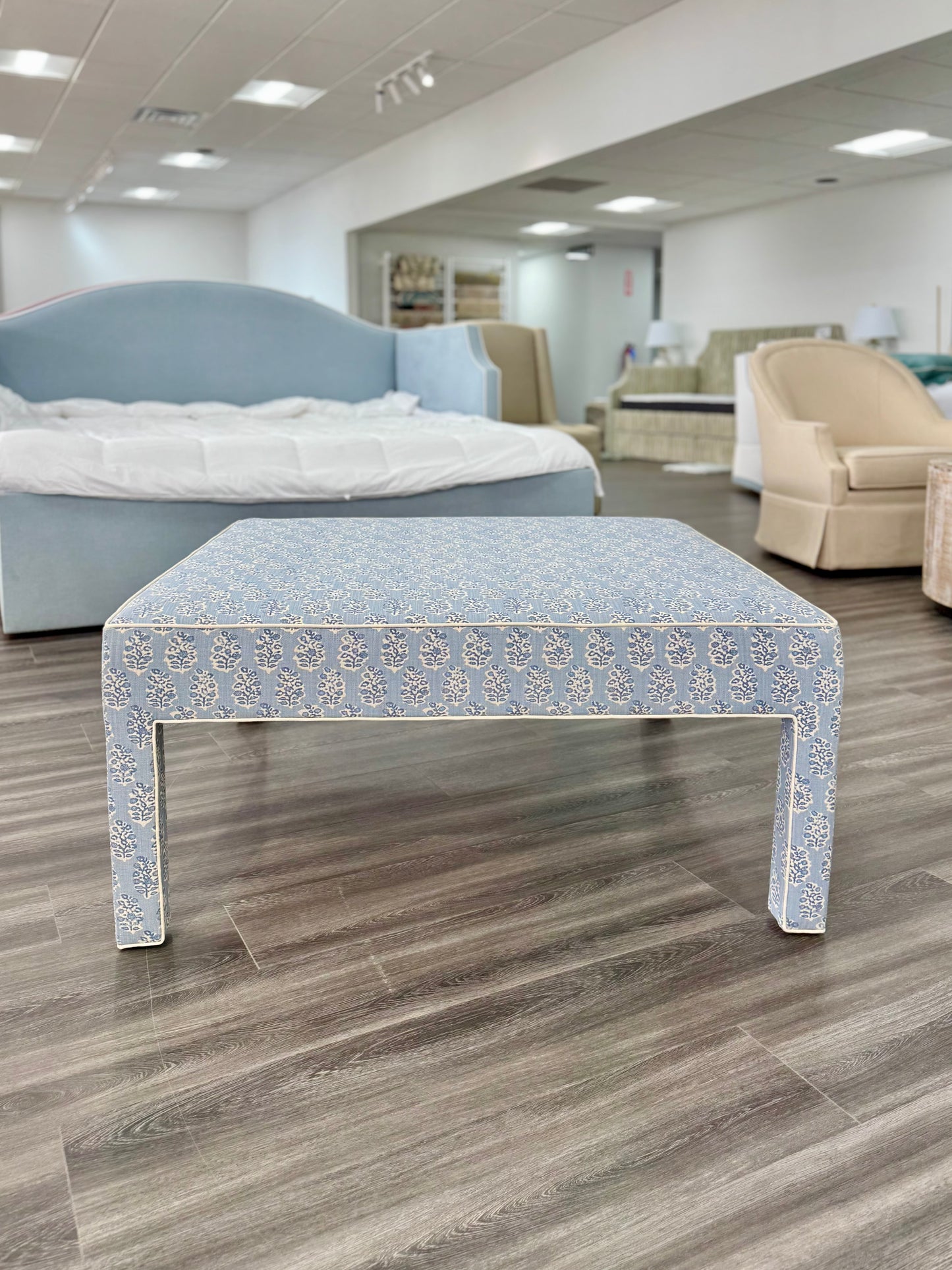 Custom Upholstered Bench in Perry Blue Floral Fabric