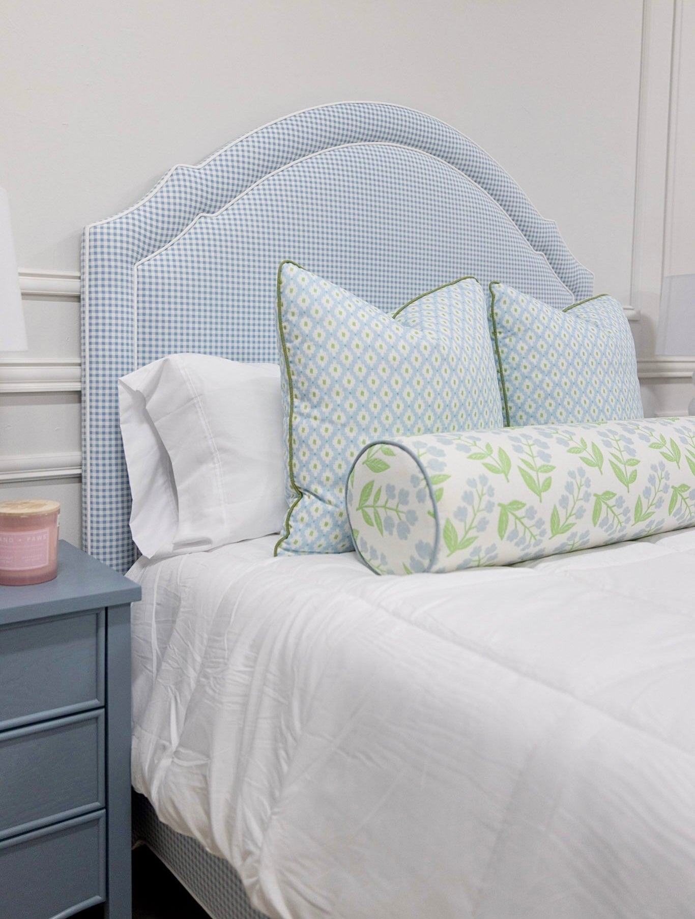 The Grace Queen Bed - Blue Gingham Fabric - White Trim