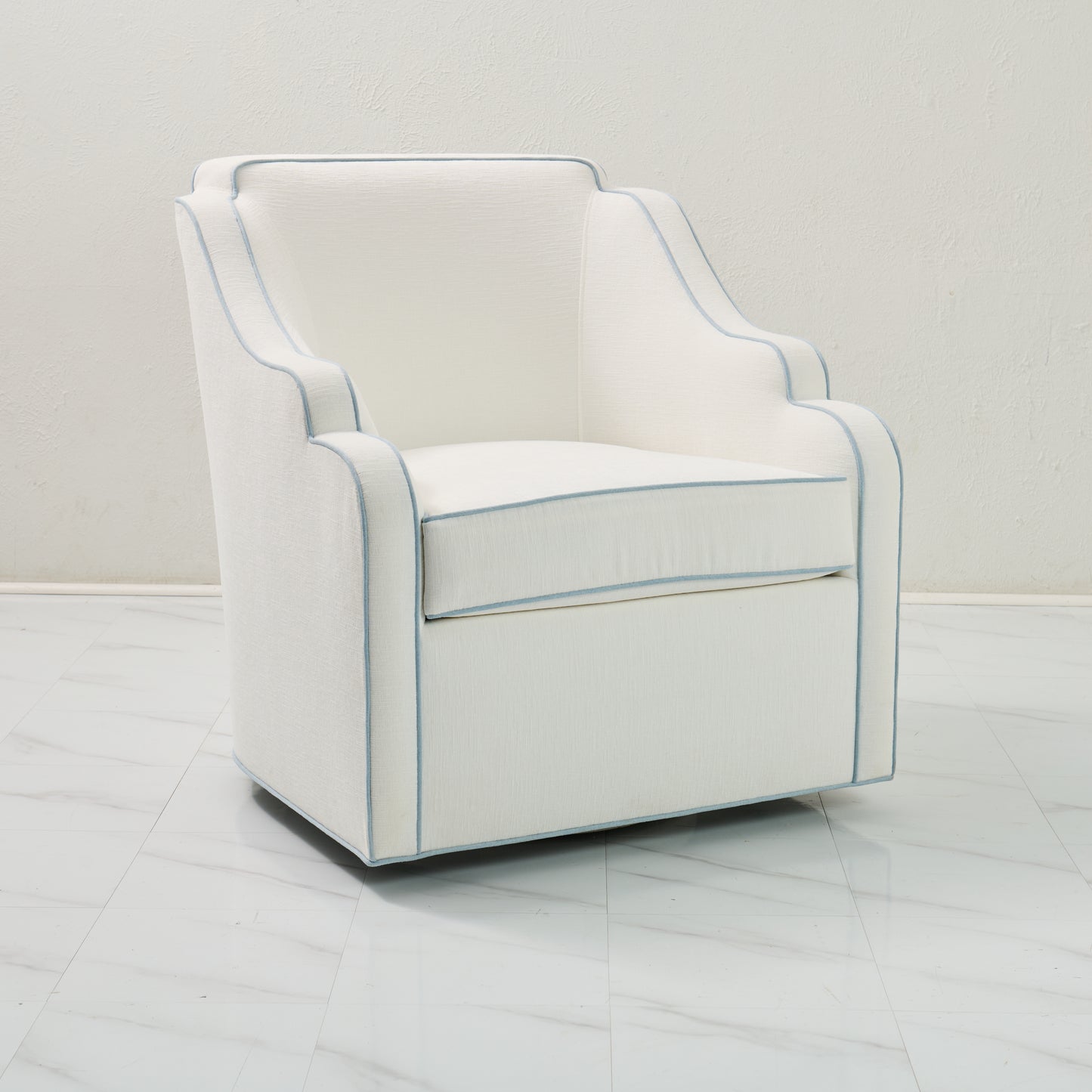 Custom Scalloped Swivel Chair: White Performance Fabric - Sky Blue Trim