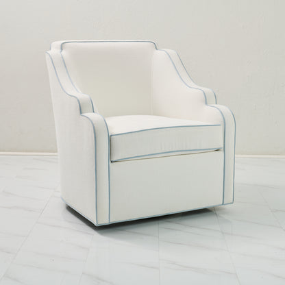 Custom Scalloped Swivel Chair: White Performance Fabric - Sky Blue Trim