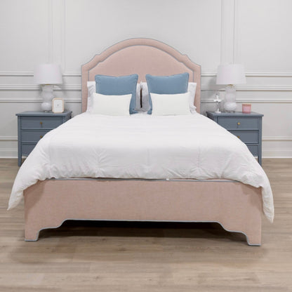 The Grace Queen Bed - Pink Performance Chenille Fabric - Sky Blue Trim