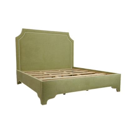 The Addison King Bed - Scalloped Legs - Pistachio Green Woven Fabric - White Trim