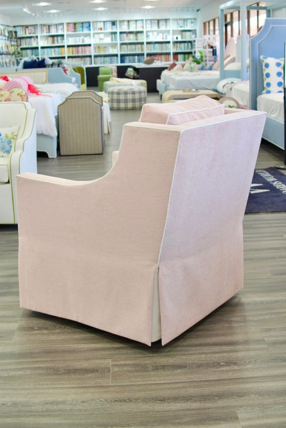 Custom Swivel Glider Chair – Performance Light Pink Chenille Fabric with White Trim