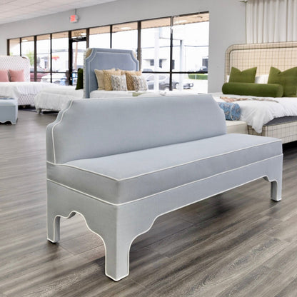 The Helena Banquette – Light Blue Crypton Fabric, White Piping
